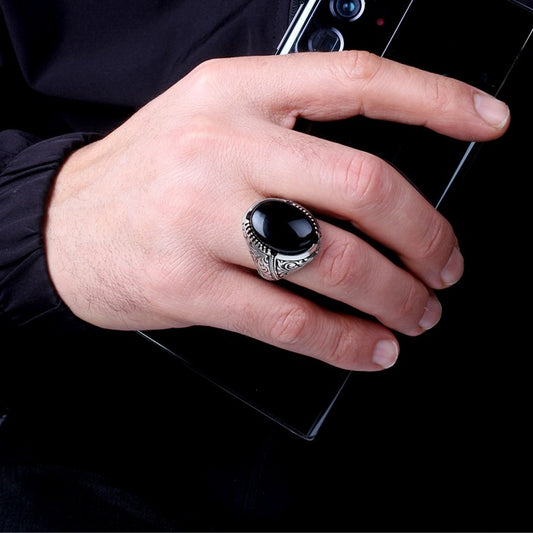 Siyah Oniks Tasli Erkek Gumus Yuzuk