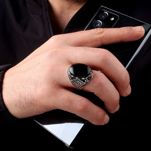 Siyah Oniks Tasli Erkek Gumus Yuzuk