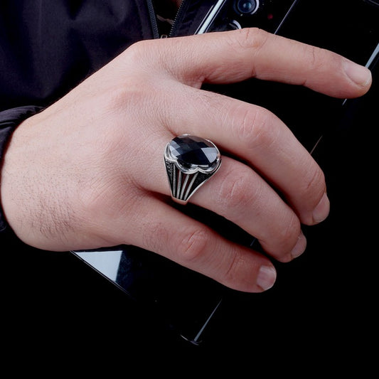 Siyah Zirkon Taşlı Erkek Gümüş Yüzük