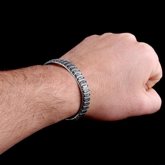 925 Sterling Silver Pattern Motif Men's Clamp Bracelet