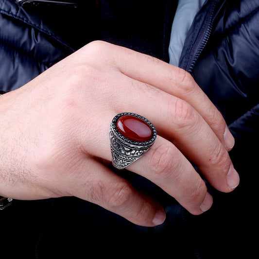 Oval Agate Stone 925 Sterling Silver Men's Ring