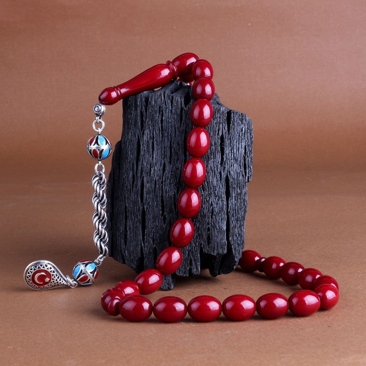 925 Sterling Silver Tassel Bordeaux-Blue Fire Amber Prayer Beads & Crescent-Star Bracelet Set