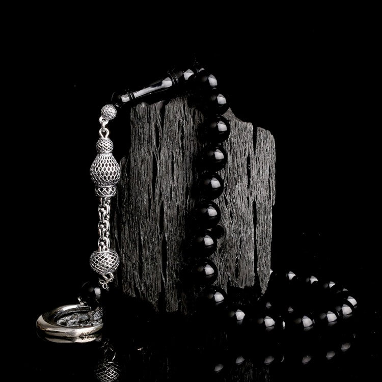 925 Sterling Silver Crescent-Wolf Design Fire Amber Prayer Beads with Tassel