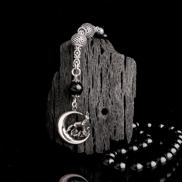 925 Sterling Silver Crescent-Wolf Design Fire Amber Prayer Beads with Tassel
