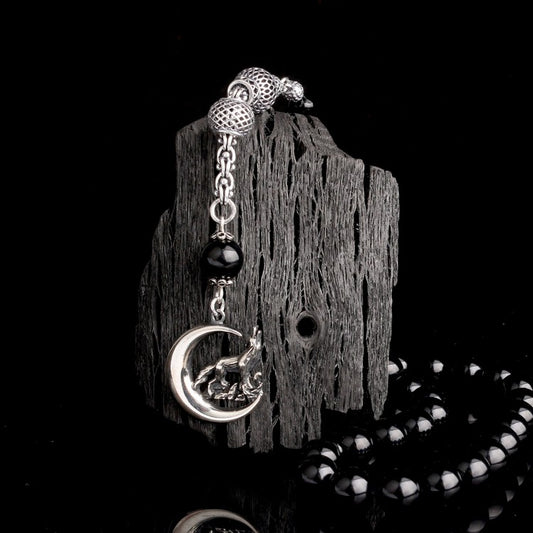 925 sterling silver crescent wolf model tassel fire amber rosary