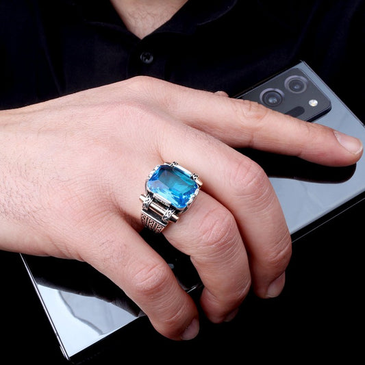 Blue Zircon Stone Men's Silver Ring