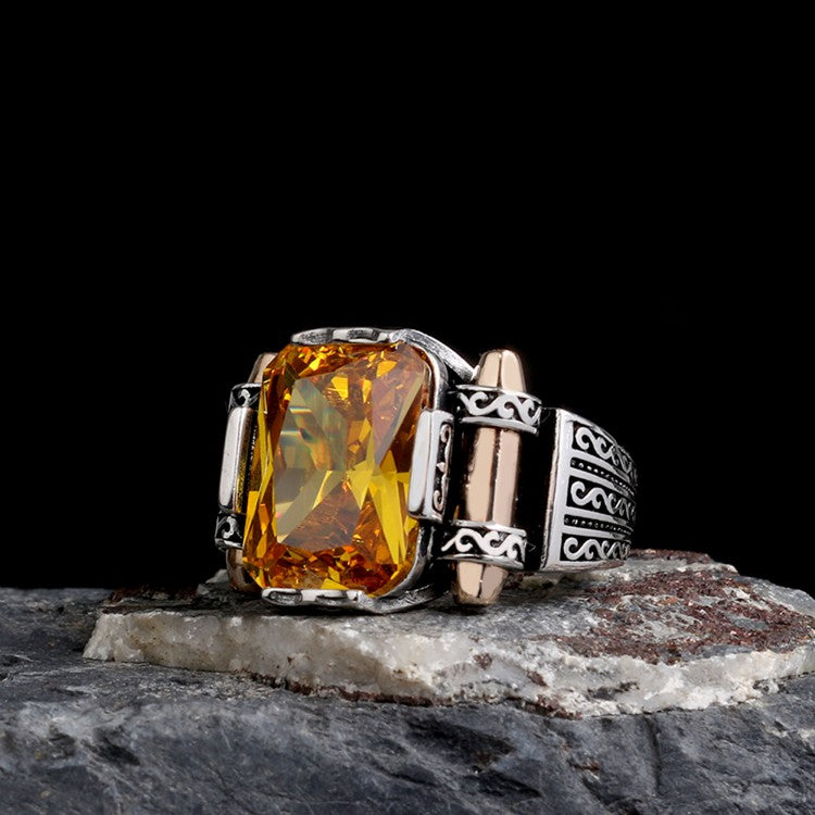 925 Sterling Silver Yellow Zircon Stone Men's Ring