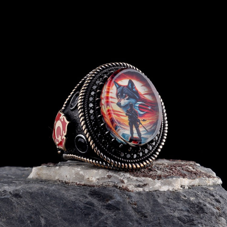 925 Sterling Silver Crescent-Star & Wolf Military Style Men's Ring