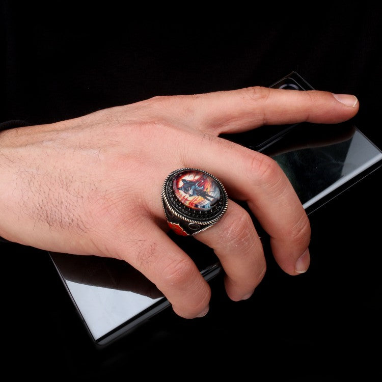 925 Sterling Silver Crescent-Star & Wolf Military Style Men's Ring