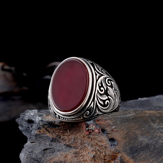 Agate Stone Pen Processing 925 Sterling Silver Men Ring