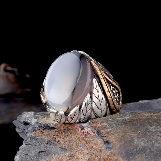 Yemen Agate Stone Leaf Motif 925 Sterling Silver Men's Ring