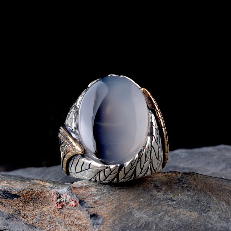 Herrenring mit Jemen-Achat und Blattmuster – 925 Silber