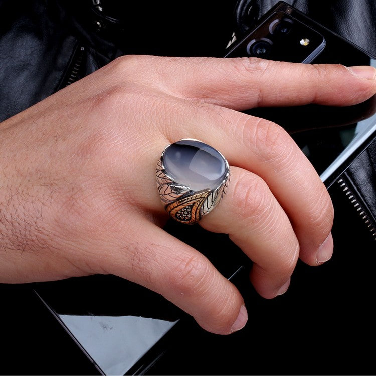 Herrenring mit Jemen-Achat und Blattmuster – 925 Silber