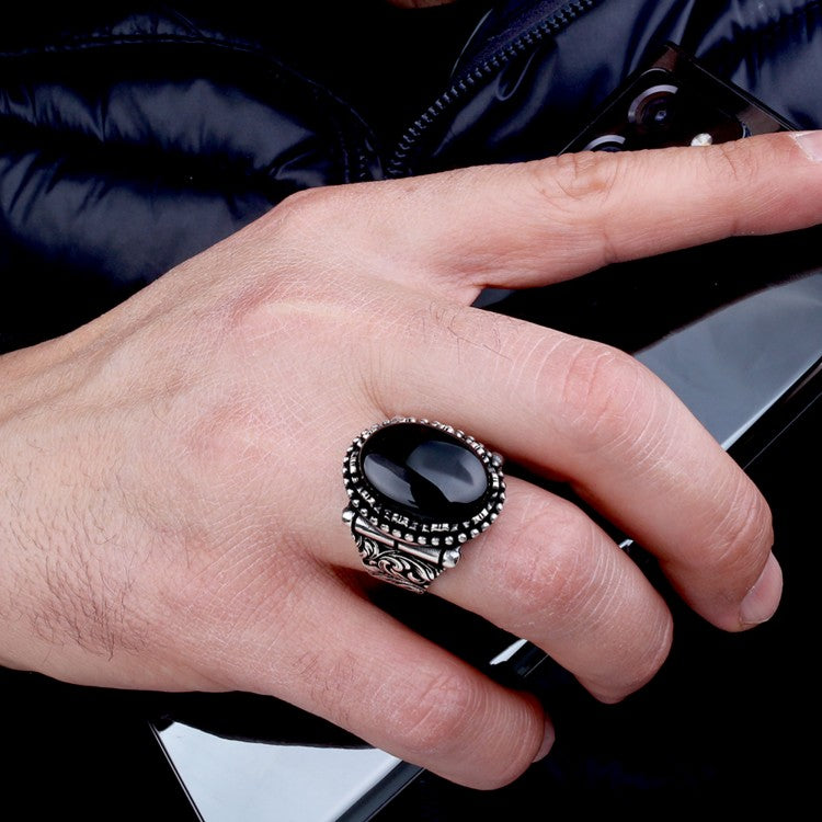 Ovale Onix Stone 925 Bague d'hommes en argent sterling