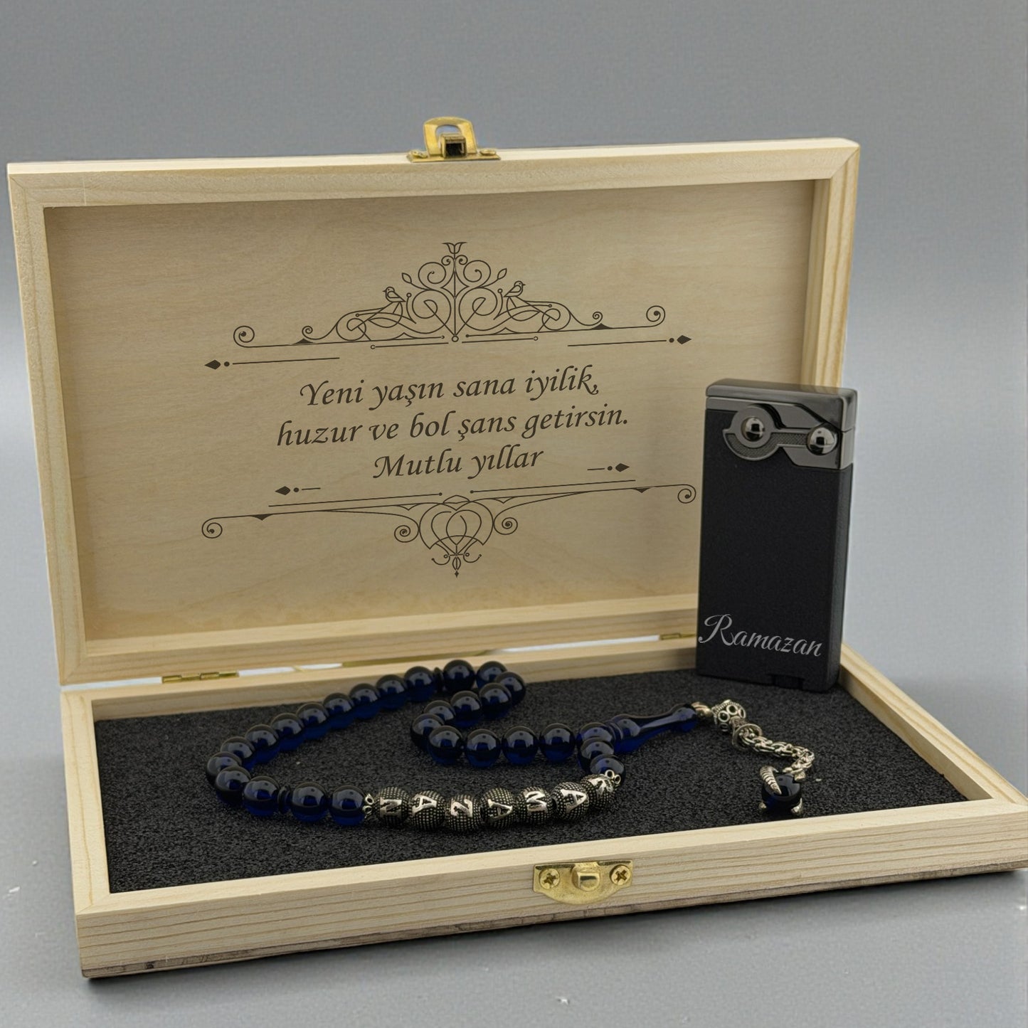 Mavi Safir Has Kehribar Tesbih & Gazlı Çakmak Hediye Seti
