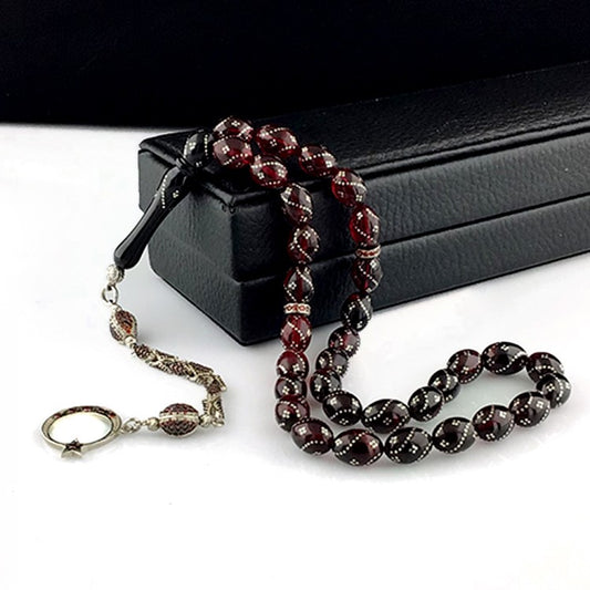 Moon Star Fire Amber Rosary with Zircon Stone Tassels