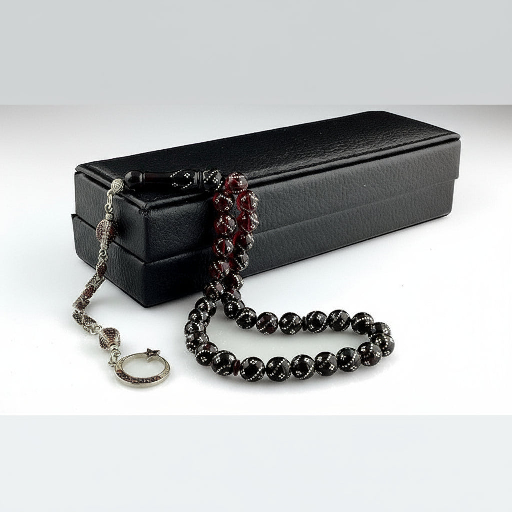 Zirkon Taşlı Ay Yıldız Model Ateş Kehribar Tesbih