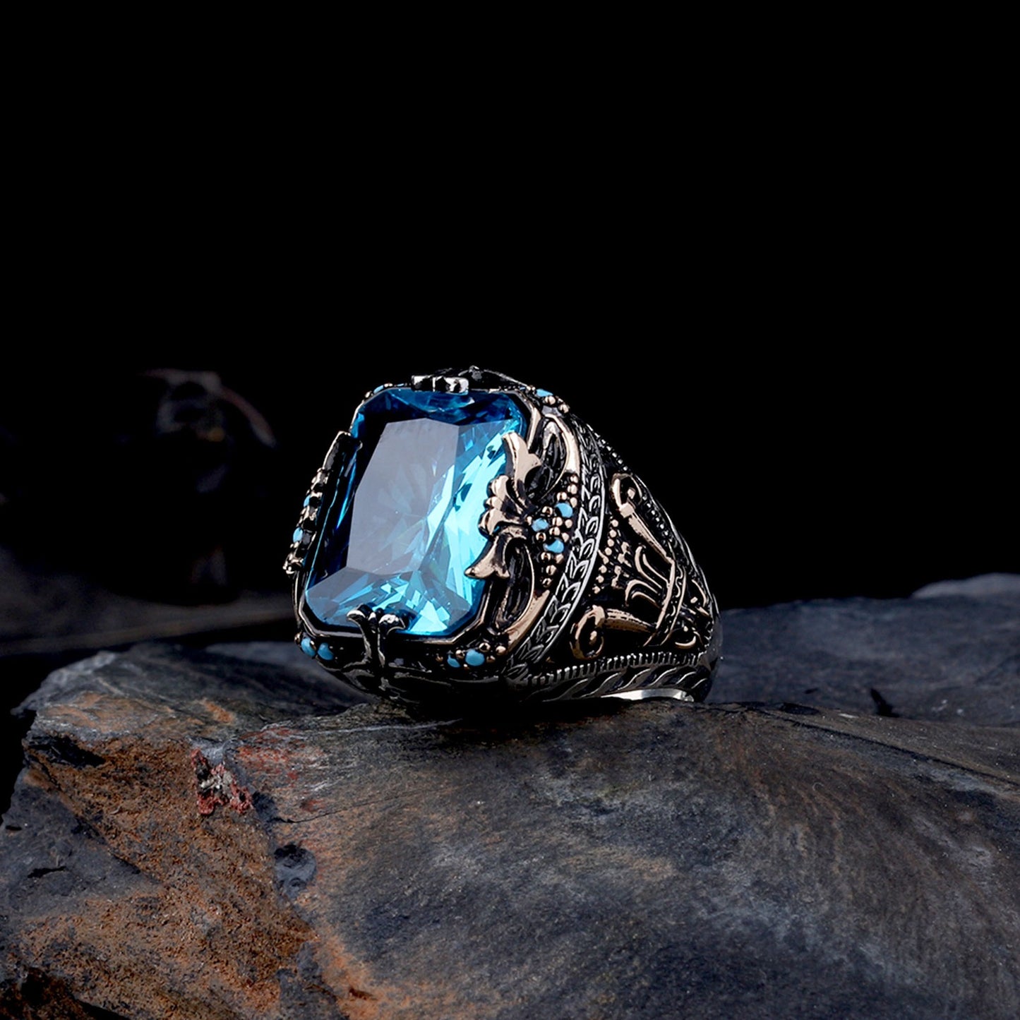 Blue Topaz Stone Men's Sterling Silver Ring