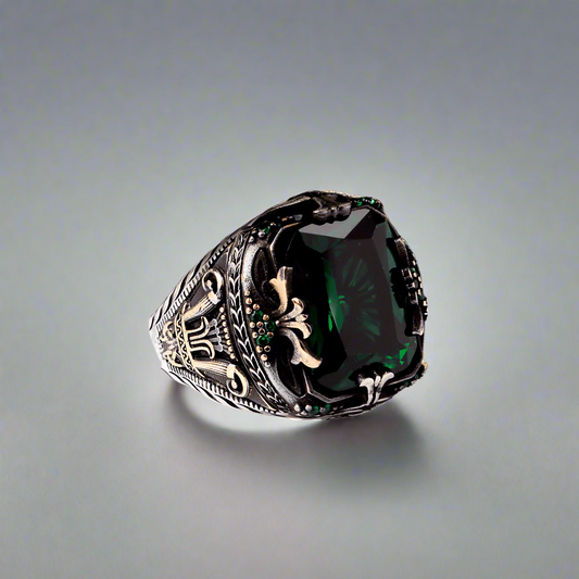 Green Zircon Stone Men's Sterling Silver Ring