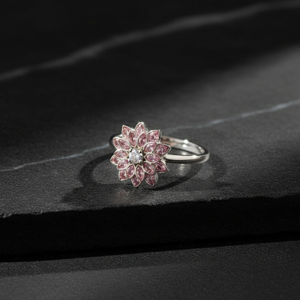925 Ayar Gümüş Pembe Lotus Çiçeği Yüzük