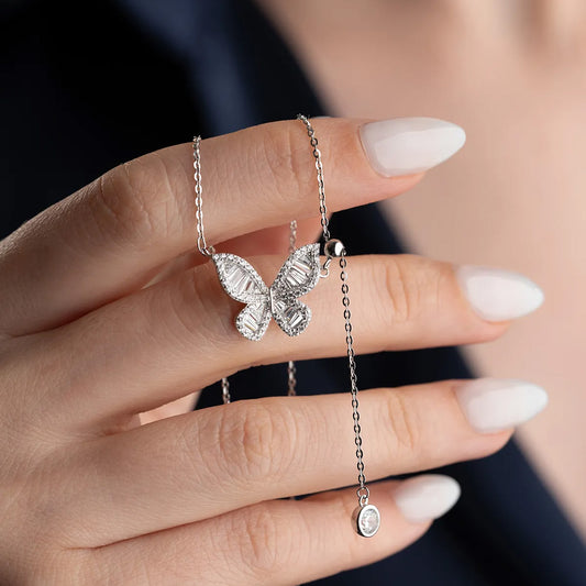 925 Sterling Silver Butterfly Necklace with Baguette Stones