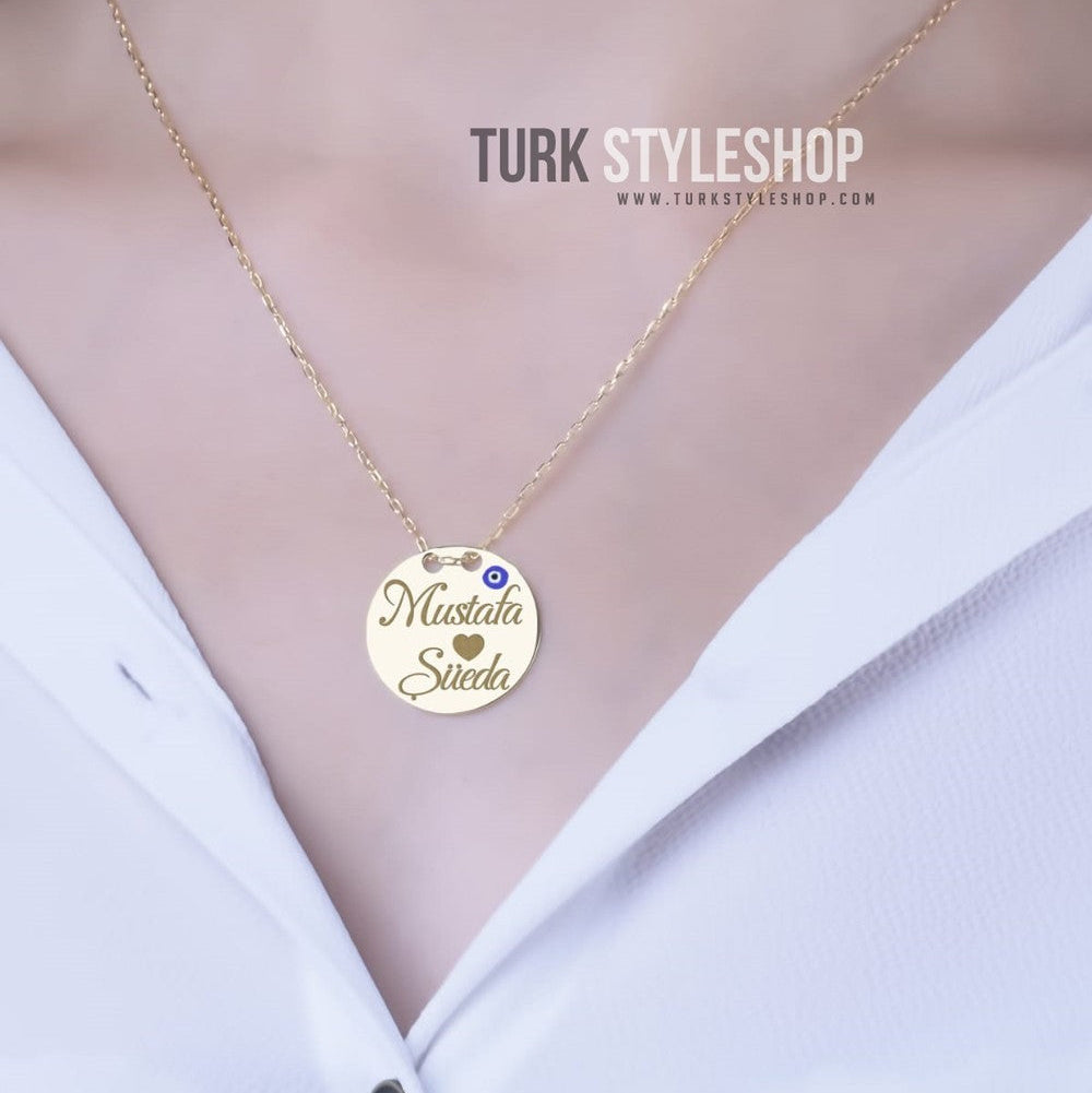 Madalyon Nazarlıklı  iKi İsimli Gümüş Kolye