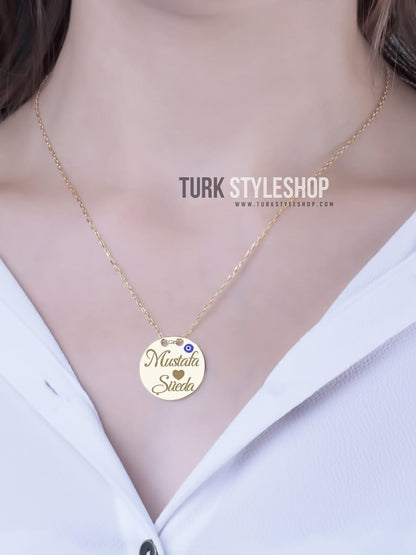 Madalyon Nazarlıklı  iKi İsimli Gümüş Kolye
