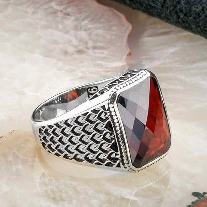 Kırmızı Zirkon Taşlı Erkek Gümüş Yüzük
