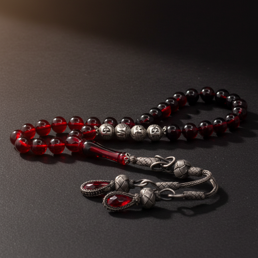 Kırmızı İsimli Kehribar 925 ayar gümüş Tesbih ve Not Yazılı Ahşap Kutu