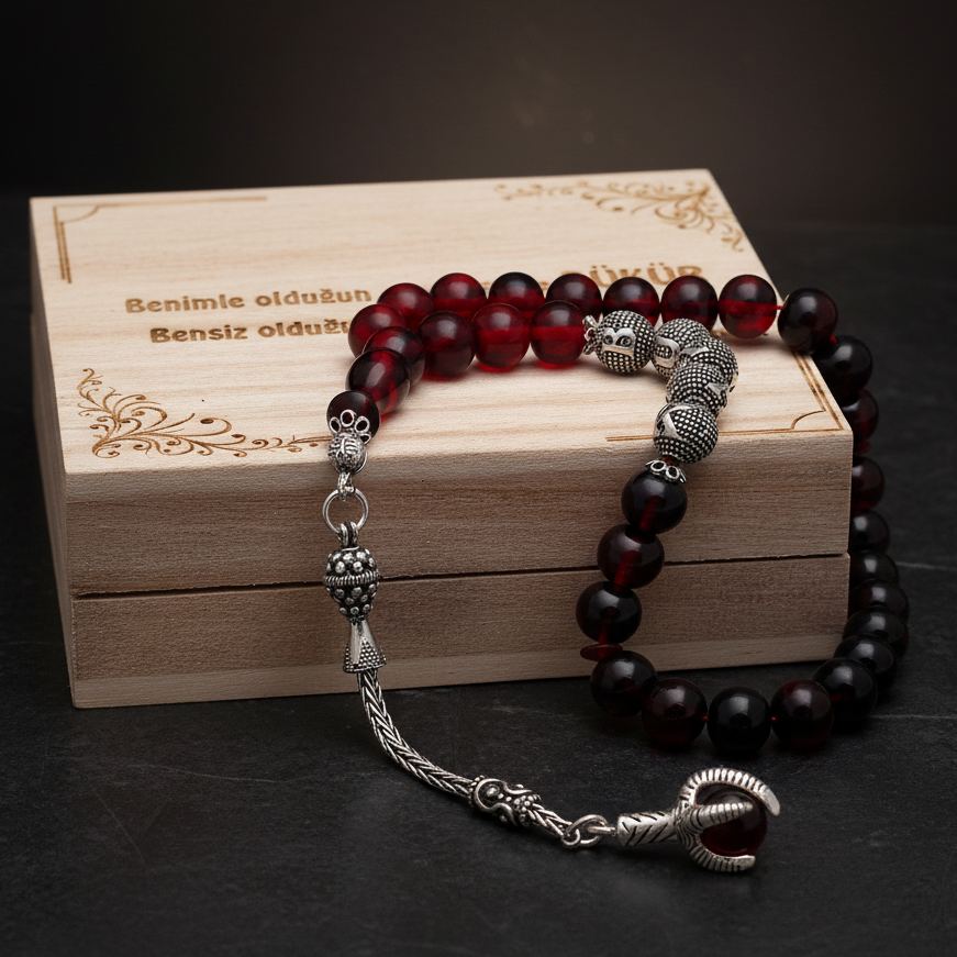 Red Filtered Fire Amber Named Silver Rosary and Wooden Box with Note Written