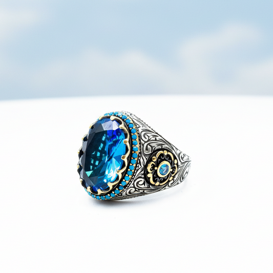 République argent brodé en pierre de topaze bleu