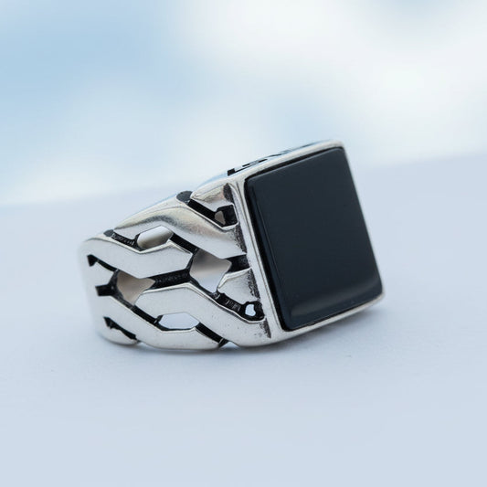 Square Black Zircon Stone Men's Silver Ring