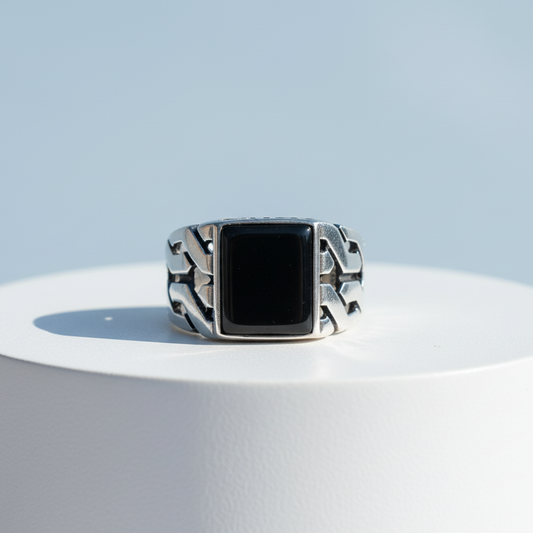 Square Black Zircon Stone Men's Silver Ring