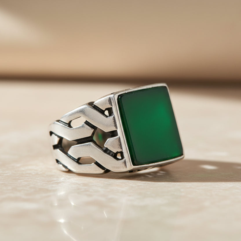 Square Green Agate Stone Men's Silver Ring