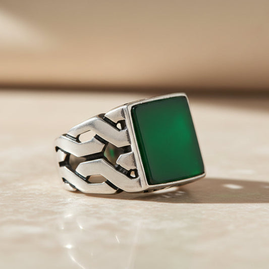 Square Green Agate Stone Men's Silver Ring