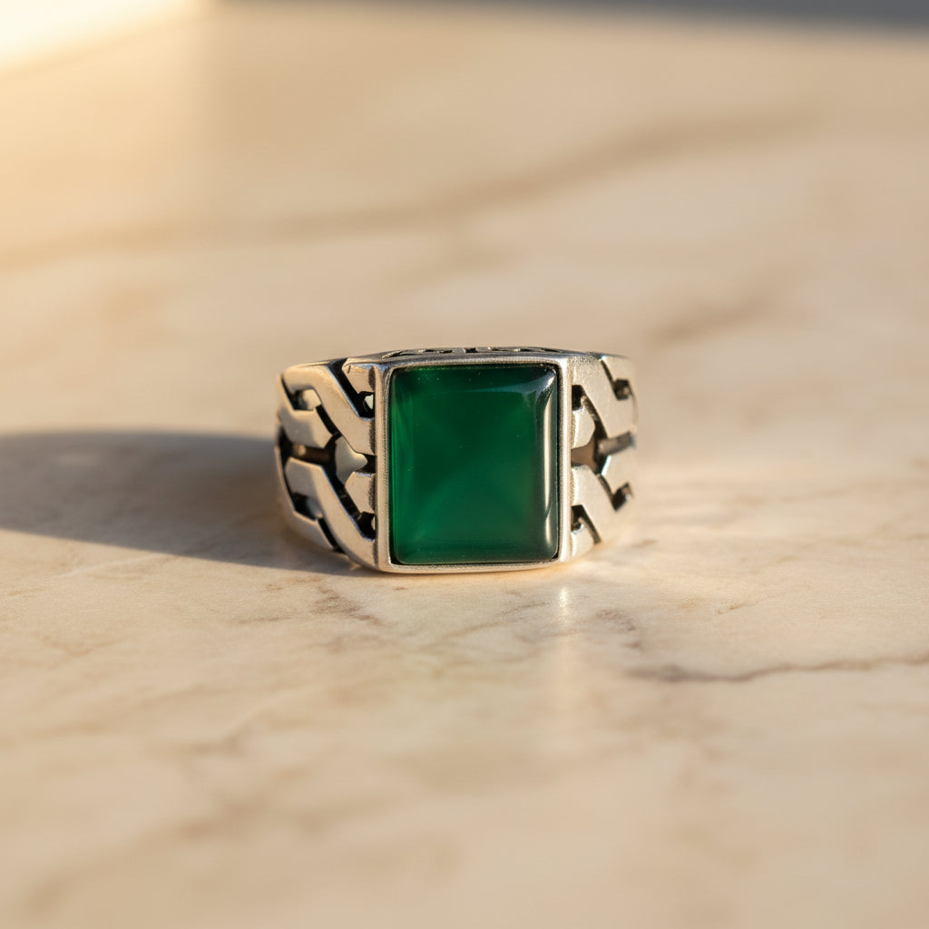 Square Green Agate Stone Men's Silver Ring