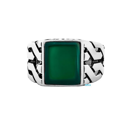 Kare Yeşil Akik Taşlı Erkek Gümüş Yüzük