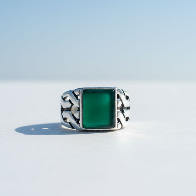 Anneau argenté pour hommes en pierre d'agate verte carrée
