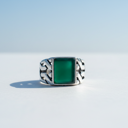 Anneau argenté pour hommes en pierre d'agate verte carrée