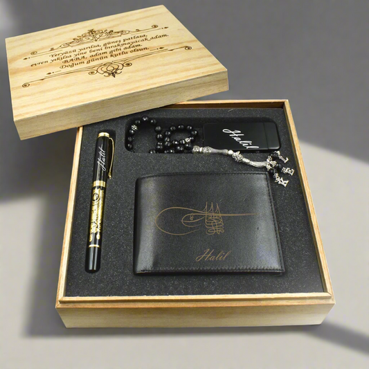 Personalized Leather Wallet Pen Tasbih Lighter Gift Set