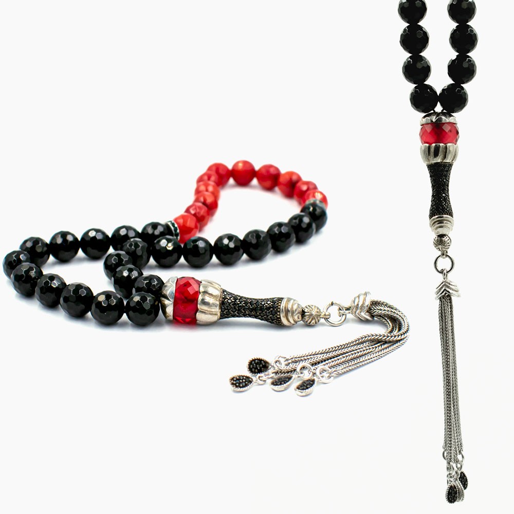 925 Sterling Silver Onyx Mercan Tesbih