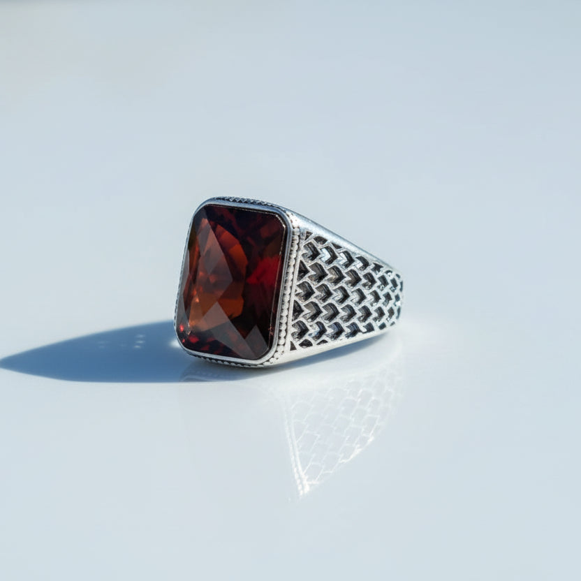 Red Zircon Stone Men's Silver Ring