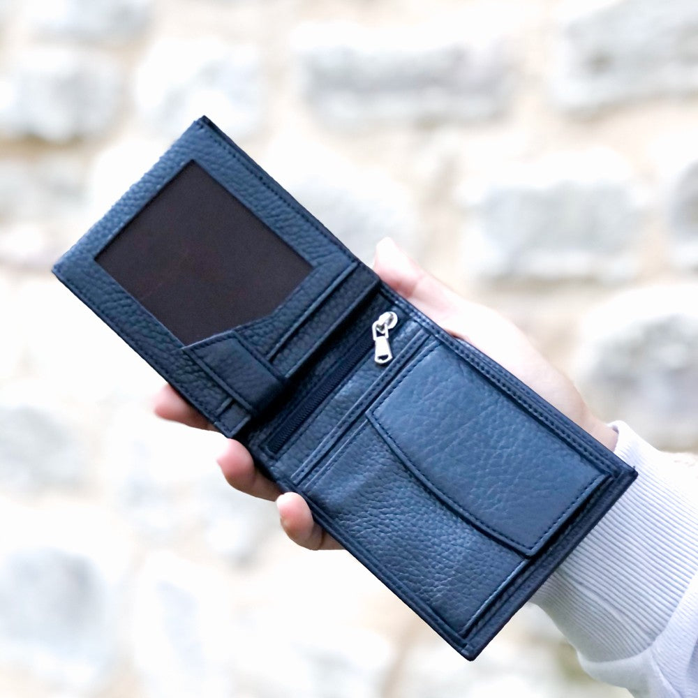 Navy Blue Men’s Leather Wallet – Personalized Wooden Box

