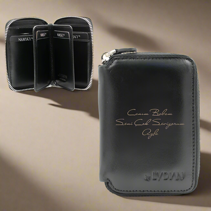 Kişiye Özel Fermuarlı Antik Siyah Mini Kartlık Cüzdan