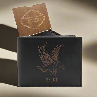 Nom écrit du portefeuille en cuir kartal noir et boîte en bois