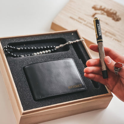 Erkeklere Özel İsimli Kalem Tesbih Cüzdan Hediye Seti