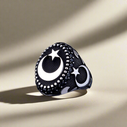 Moon Star Motif Silver Men's Ring