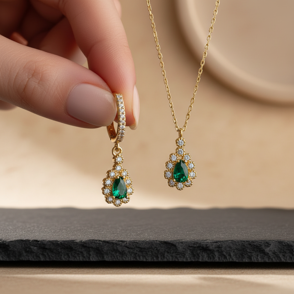 925 Sterling Silver Emerald Green Teardrop Necklace and Earring Set