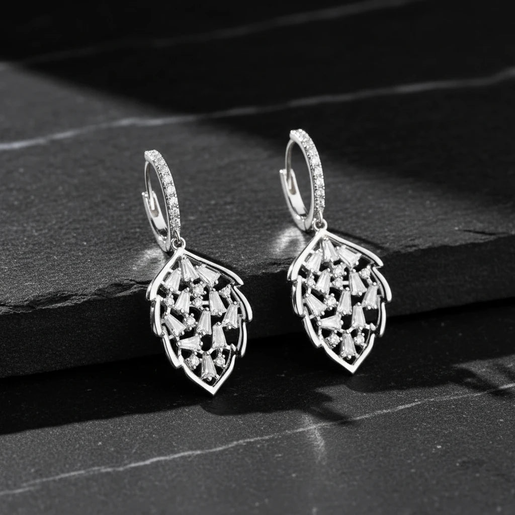 925 Sterling Silver Bagon Stone Leaf Earrings