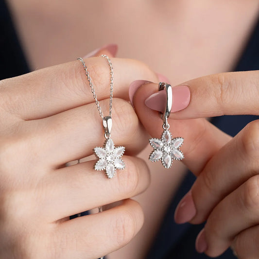 925 Sterling Silver White Zircon Lotus Necklace & Earrings Set